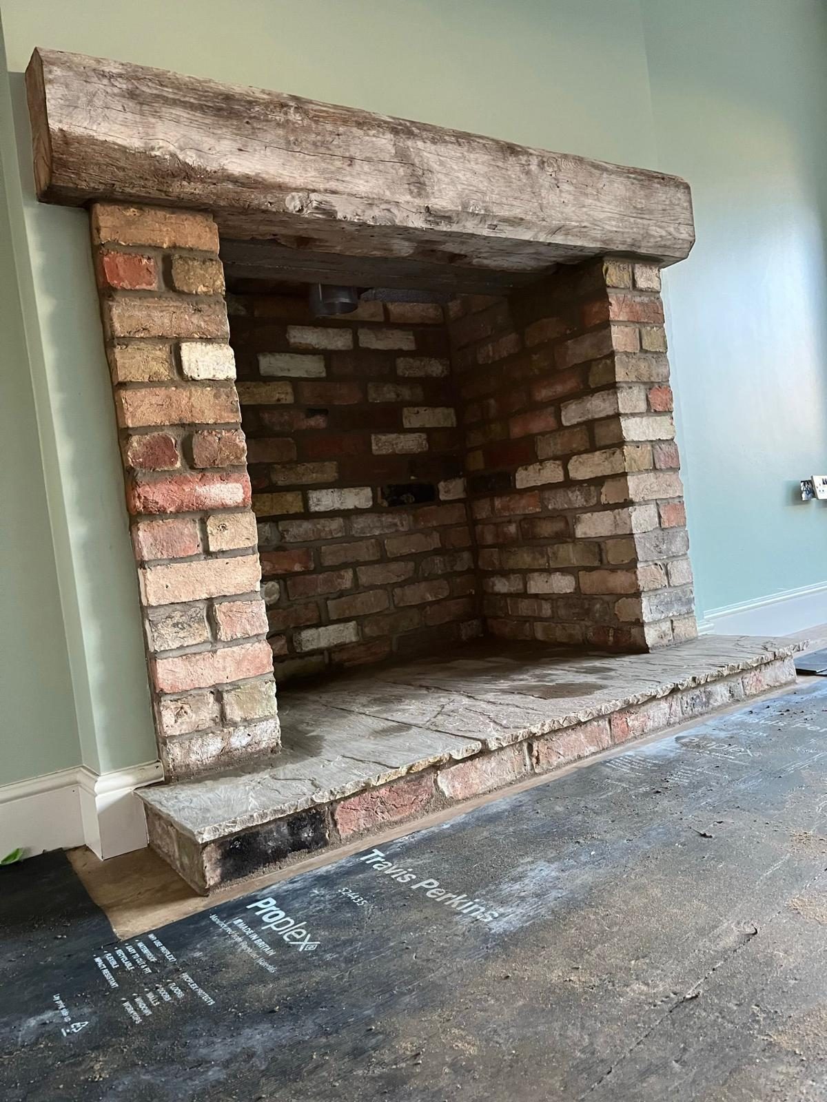 Inglenook Fireplace — 05 · Oak beam mantel fitted